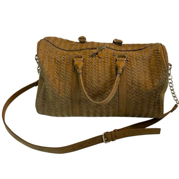 Madison West Tan Woven Satchel Shoulder Bag Chain Strap Travel Carry On NWOT - Picture 3 of 16